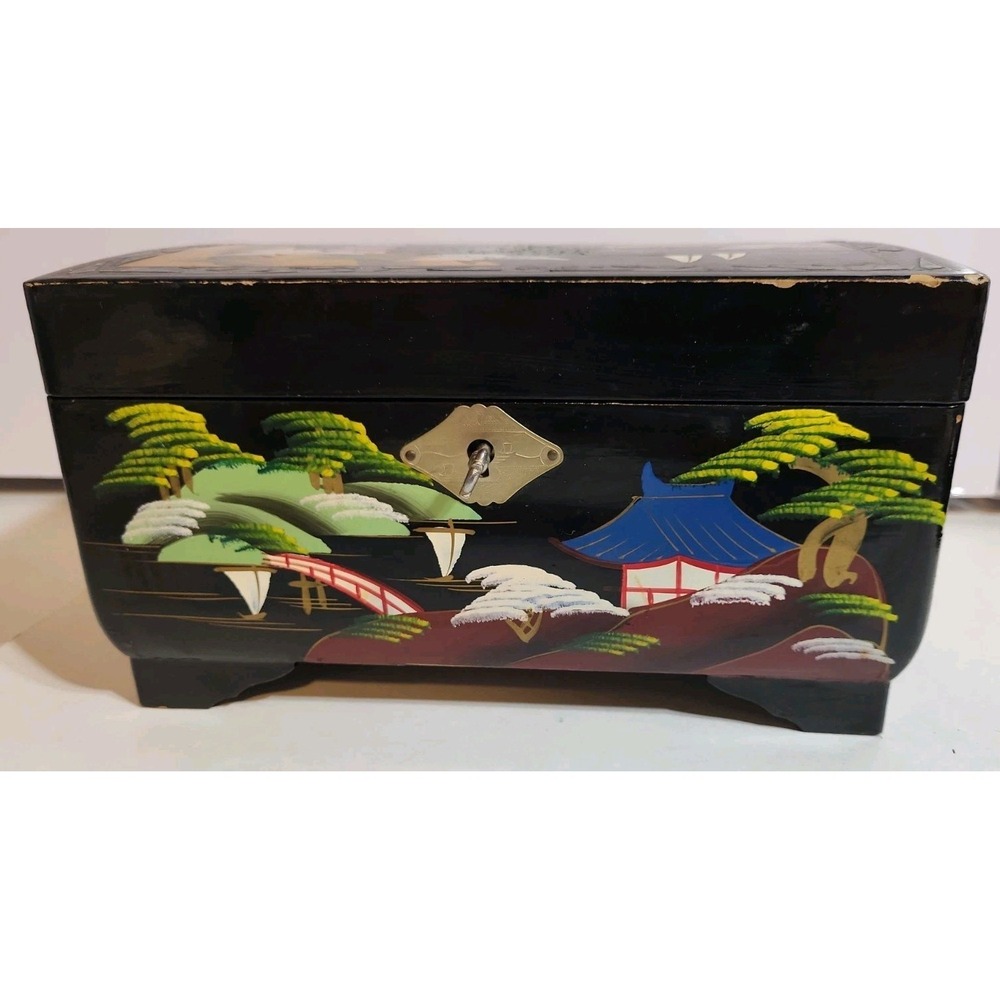 Vintage Crestline Japan Music Jewelry Box Black Lacquered Painted Mirror Locking - Picture 6 of 16